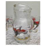 Hazel-Atlas Glass Company Pitcher and 6 Glasses. These glasses feature the "Pheasants" pattern, produced roughly 1950