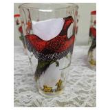 Hazel-Atlas. Five Vintage Mid-Century Glass Cocktail Shaker Drink Mixer Glasses with  2 plastic lids. Set features the Pheasant Birds.
