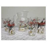 Hazel-Atlas Pitcher and 5 glasses.  Glassware is likely produced by the Hazel-Atlas Glass Company and  features the "Pheasants" pattern, produced roughly 1950