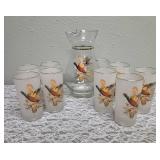 Eight West Virginia Glass Company Vintage pheasant  Game Bird frosted glasses and clear glass pitcher  from the 1950
