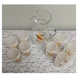 Eight West Virginia Glass Company Vintage pheasant  Game Bird frosted glasses and clear glass pitcher  from the 1950