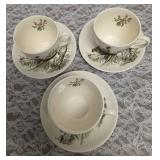3 teacups with saucers (1953-1976) from the "Game Birds" series featuring a pheasant design and  Features hand-engraved style illustrations of game birds. Manufactured by the Johnson Brothers, crafted
