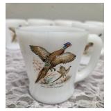 Six Vintage Anchor Hocking Fire-King milk glass mugs featuring the "Ring-Necked Pheasant" pattern.  These mugs were produced primarily between 1959-1962.