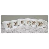 Six Vintage Anchor Hocking Fire-King milk glass mugs featuring the "Ring-Necked Pheasant" pattern.  These mugs were produced primarily between 1959-1962.