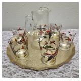 Very Rare and Collectible due to its smaller size. Hazel-Atlas Glass Company Small Pitcher (7" tall) with 6 glasses and tray. These glasses feature the "Pheasants" pattern, produced roughly 1950