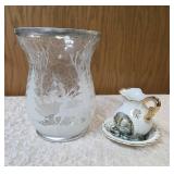 Vintage crackle glass hurricane vase or candle holder made to be used as a decorative vase.  Currier and Ives small pitcher and bowl.  SMALL PICHTER & BOWL ARE FROM THE VICTORIAN ERA