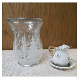 Vintage crackle glass hurricane vase or candle holder made to be used as a decorative vase.  Currier and Ives small pitcher and bowl.  SMALL PICHTER & BOWL ARE FROM THE VICTORIAN ERA