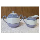 Vintage Art Deco Japanese Lusterware creamer and sugar bowl set.  Features a hand-painted iridescent glaze with a stylized abstract floral or geometric pattern.  Produced in Japan likely between 1921-