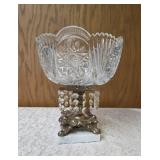 Vintage cut crystal pedestal centerpiece bowl for fruit/candy. Features a decorative metal stand with dangling prisms. Often categorized as Hollywood Regency or 19th Century style. Approx. 10" tall.