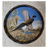 11" vintage metal serving tray with Five misc. size pheasant glasses from the Hazel-Atlas Glass Company and  features the "Pheasants" pattern, produced roughly  1950-1960.