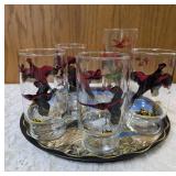 11" vintage metal serving tray with Five misc. size pheasant glasses from the Hazel-Atlas Glass Company and  features the "Pheasants" pattern, produced roughly  1950-1960.
