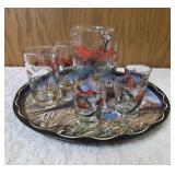 11" vintage metal serving tray with Seven misc. size pheasant glasses from the  Hazel-Atlas Glass Company and  features the "Pheasants" pattern, produced roughly  1950-1960.