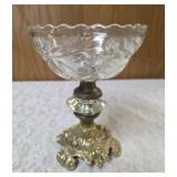 Vintage Hollywood Regency style centerpiece compote , featuring a cut or etched crystal glass bowl set upon an ornate brass pedestal base. Dimensions 8" t x 6"d.