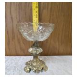 Vintage Hollywood Regency style centerpiece compote , featuring a cut or etched crystal glass bowl set upon an ornate brass pedestal base. Dimensions 8" t x 6"d.