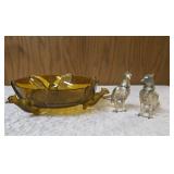 Colored Glass Pheasant Bowl with ornate handles or pedestal base and Vintage highly detailed collectible pair of Silver pheasant table ornaments/Salt and Pepper Shakers.