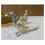 Colored Glass Pheasant Bowl with ornate handles or pedestal base and Vintage highly detailed collectible pair of Silver pheasant table ornaments/Salt and Pepper Shakers.
