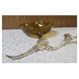 Colored Glass Pheasant Bowl with ornate handles or pedestal base and Vintage highly detailed collectible pair of Silver pheasant table ornaments/Salt and Pepper Shakers.