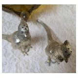 Colored Glass Pheasant Bowl with ornate handles or pedestal base and Vintage highly detailed collectible pair of Silver pheasant table ornaments/Salt and Pepper Shakers.