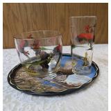 One -11" vintage metal serving tray with One- vintage ice bucket and One- Pheasant Glass. Ice Bucket and glass likely produced by the Hazel-Atlas Glass Company features the "Pheasants" pattern.