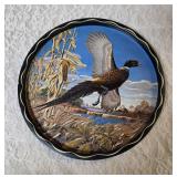 One -11" vintage metal serving tray with One- vintage ice bucket and One- Pheasant Glass. Ice Bucket and glass likely produced by the Hazel-Atlas Glass Company features the "Pheasants" pattern.
