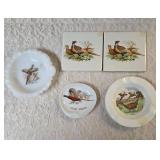 Three - Vintage ashtrays with Pheasants and Two- Pheasant Tiles.
