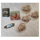 Five - Pheasant themed coaster, One deck of Pheasant Playing cards - unopened. One- Pheasant Pocket Knife.