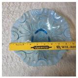 Vintage blue opalescent glass bowl, likely produced by the Jefferson Glass Company (Northwood Glass Co - in early 1900