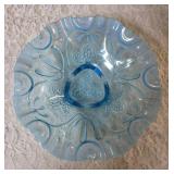 Vintage blue opalescent glass bowl, likely produced by the Jefferson Glass Company (Northwood Glass Co - in early 1900