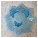 Vintage blue opalescent glass bowl, likely produced by the Jefferson Glass Company (Northwood Glass Co - in early 1900