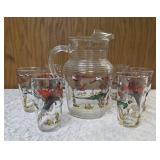 Hazel-Atlas Glass Company Pitcher and 6 Glasses. These glasses feature the "Pheasants" pattern, produced roughly 1950