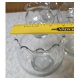 Eight piece vintage Anchor Hocking or Indianan Glass ruffled edge clear glass fish bowl, often used as a rose bowl or candle holder.