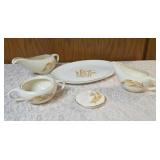 Vintage Homer Laughlin Golden Wheat set that includes a serving dish, gravy bowl, sugar bowl and creamer. This set  likely produced in the 1950