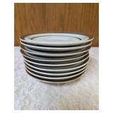 Nine - vintage Sierra Stoneware saucers featuring a brown rim and ring design, likely produced by M S I Japan.