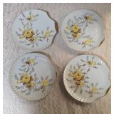Four - vintage Japanese China snack sets featuring yellow roses with gray/brown foliate and gold gilded rims.