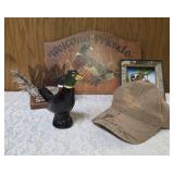 Wild-life themed baseball cap, Avon Pheasant Decanter, 3-D Wall Art Shadowbox featuring a pheasant in natural setting, Welcome Friends Wooden Plaque, Handcrafted Napkin or mail holder.