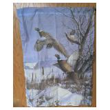 Wonderland Graphics "Harvest Time" PUZZLE in a tin,  Fabric Flag of Pheasants in Winter Scene, Stained Glass pheasant hanging panel with decorative beads.