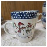 Vintage dinnerware set with 4 place settings is made by Thomson Pottery .  This set  is "Snowman Winterland Blue Sponge". Each place setting includes a dinner plate, salad plate, bowl and a mug.