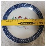 Vintage dinnerware set with 4 place settings is made by Thomson Pottery .  This set  is "Snowman Winterland Blue Sponge". Each place setting includes a dinner plate, salad plate, bowl and a mug.