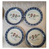Vintage dinnerware set with 4 place settings is made by Thomson Pottery .  This set  is "Snowman Winterland Blue Sponge". Each place setting includes a dinner plate, salad plate, bowl and a mug.