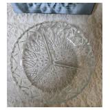 Two Glass Serving Plates.  These items are pre-owned.  One plate is a Vintage. Anchor Hocking Wexford  crystal plate and the other is a Gibson Home Jewelite 3-section glass relish tray.