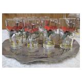 Vintage "J.R. Dob Stylemaster" aluminum tray plaque featuring a "Ring Necked Pheasant " Design. Hazel-Atlas Pitcher and 8 glasses.