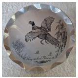 Vintage "J.R. Dob Stylemaster" aluminum tray plaque featuring a "Ring Necked Pheasant " Design. Hazel-Atlas Pitcher and 6 glasses.