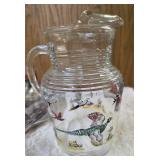 Vintage "J.R. Dob Stylemaster" aluminum tray plaque featuring a "Ring Necked Pheasant " Design. Hazel-Atlas Pitcher and 6 glasses.