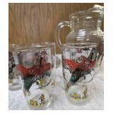 Vintage "J.R. Dob Stylemaster" aluminum tray plaque featuring a "Ring Necked Pheasant " Design. Hazel-Atlas Pitcher and 6 glasses.