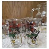 Vintage "J.R. Dob Stylemaster" aluminum tray plaque featuring a "Ring Necked Pheasant " Design. Hazel-Atlas Pitcher and 6 glasses.