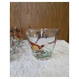Hazel-Atlas Ice bucket and  8 glasses.   The glasses and Ice Bucket feature a 22K gold aim and detailed red, black and gold pheasant designs.