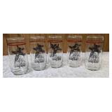 Five vintage glasses featuring pheasant imagery, likely manufactured by Federal Glass or Libbey.  Glasses feature pheasant graphics.