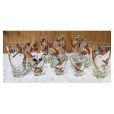 Eight vintage set of Hazel Atlas glassware in the Pheasant pattern, commonly found as part of Mid-Century Modern (MCM) barware sets and 3 shot glasses. Features flying pheasants in red, black and gold