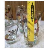 Eight vintage set of Hazel Atlas glassware in the Pheasant pattern, commonly found as part of Mid-Century Modern (MCM) barware sets and 3 shot glasses. Features flying pheasants in red, black and gold