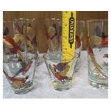Eight vintage set of Hazel Atlas glassware in the Pheasant pattern, commonly found as part of Mid-Century Modern (MCM) barware sets and 3 shot glasses. Features flying pheasants in red, black and gold